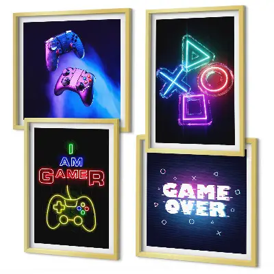 Set de cuadros modernos para salón diseño con mandos de videojuegos e iconos de jugador