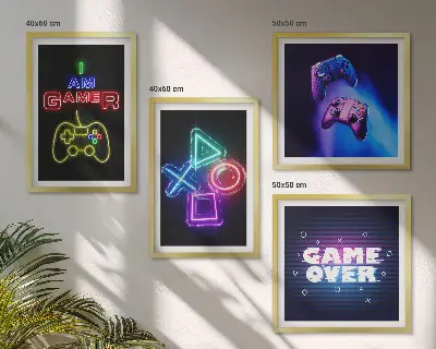 Set de cuadros modernos para salón diseño con mandos de videojuegos e iconos de jugador