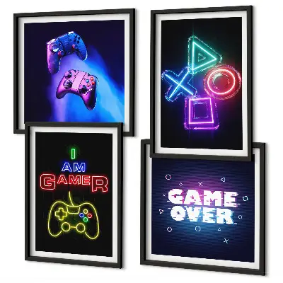 Set de cuadros modernos para salón diseño con mandos de videojuegos e iconos de jugador