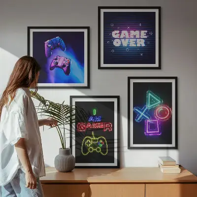 Set de cuadros modernos para salón diseño con mandos de videojuegos e iconos de jugador