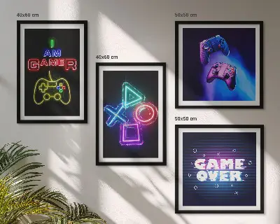 Set de cuadros modernos para salón diseño con mandos de videojuegos e iconos de jugador