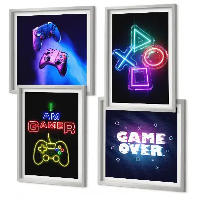 Set de cuadros modernos para salón diseño con mandos de videojuegos e iconos de jugador