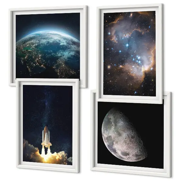 Set de cuadros modernos para salón con diseño de galaxia y cohete espacial en la Tierra