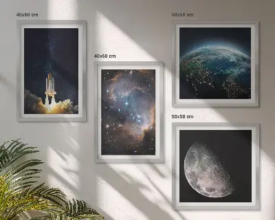 Set de cuadros modernos para salón con diseño de galaxia y cohete espacial en la Tierra