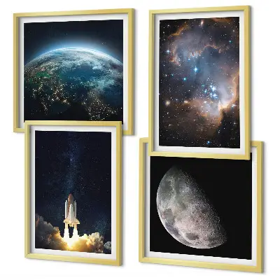 Set de cuadros modernos para salón con diseño de galaxia y cohete espacial en la Tierra