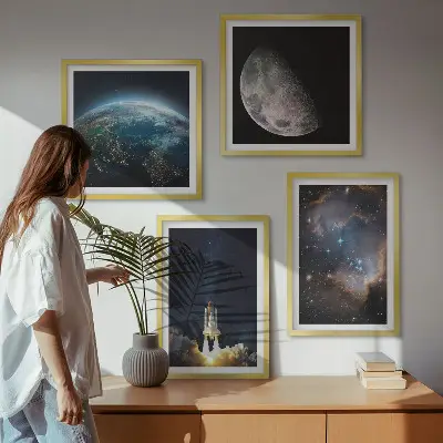 Set de cuadros modernos para salón con diseño de galaxia y cohete espacial en la Tierra