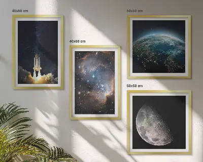 Set de cuadros modernos para salón con diseño de galaxia y cohete espacial en la Tierra
