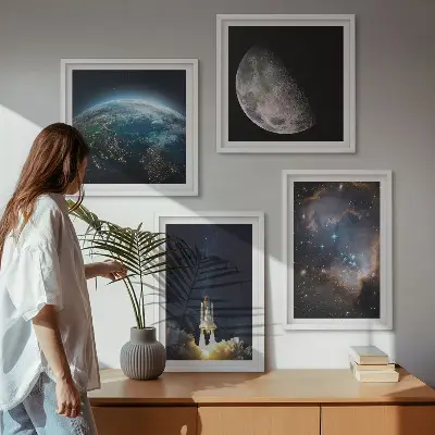 Set de cuadros modernos para salón con diseño de galaxia y cohete espacial en la Tierra