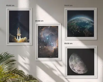 Set de cuadros modernos para salón con diseño de galaxia y cohete espacial en la Tierra
