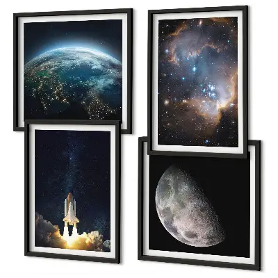 Set de cuadros modernos para salón con diseño de galaxia y cohete espacial en la Tierra