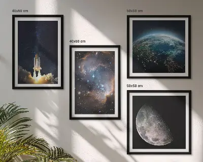 Set de cuadros modernos para salón con diseño de galaxia y cohete espacial en la Tierra