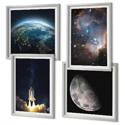 Set de cuadros modernos para salón con diseño de galaxia y cohete espacial en la Tierra