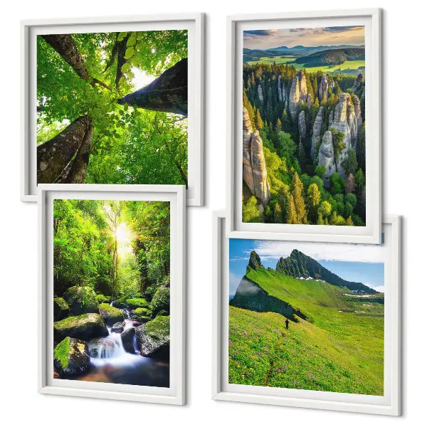Set de 4 cuadros para salón con diseño de bosque y cascadas en las montañas verdes