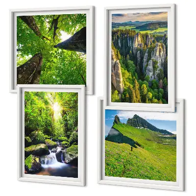 Set de 4 cuadros para salón con diseño de bosque y cascadas en las montañas verdes