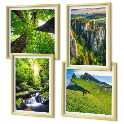 Set de 4 cuadros para salón con diseño de bosque y cascadas en las montañas verdes
