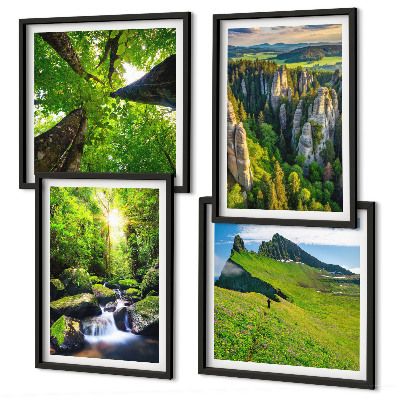 Set de 4 cuadros para salón Bosque de cascadas de las montañas verdes