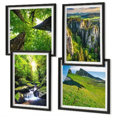 Set de 4 cuadros para salón con diseño de bosque y cascadas en las montañas verdes
