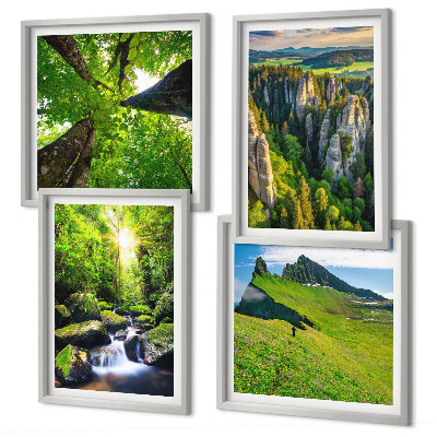 Set de 4 cuadros para salón Bosque de cascadas de las montañas verdes