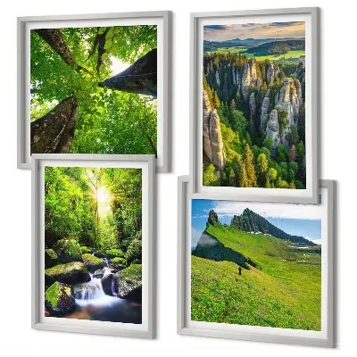 Set de 4 cuadros para salón con diseño de bosque y cascadas en las montañas verdes