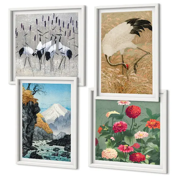 Set de 4 cuadros para salón con diseño de montañas, río, flores y grullas
