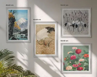 Set de 4 cuadros para salón con diseño de montañas, río, flores y grullas
