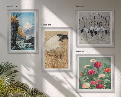 Set de 4 cuadros para salón Montañas, río, flores, grullas