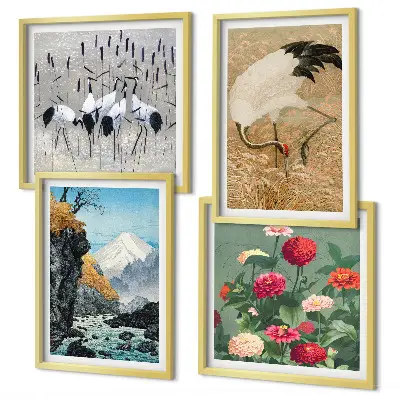 Set de 4 cuadros para salón con diseño de montañas, río, flores y grullas