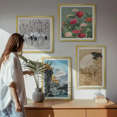 Set de 4 cuadros para salón con diseño de montañas, río, flores y grullas