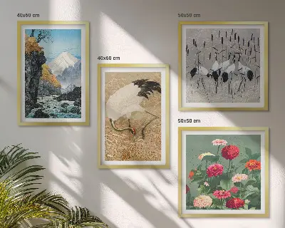 Set de 4 cuadros para salón con diseño de montañas, río, flores y grullas