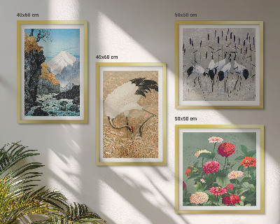 Set de 4 cuadros para salón Montañas, río, flores, grullas