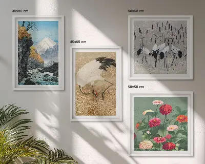 Set de 4 cuadros para salón con diseño de montañas, río, flores y grullas