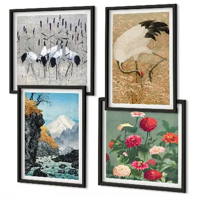 Set de 4 cuadros para salón con diseño de montañas, río, flores y grullas