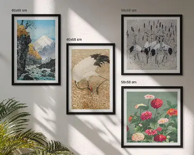 Set de 4 cuadros para salón con diseño de montañas, río, flores y grullas
