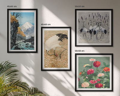 Set de 4 cuadros para salón Montañas, río, flores, grullas