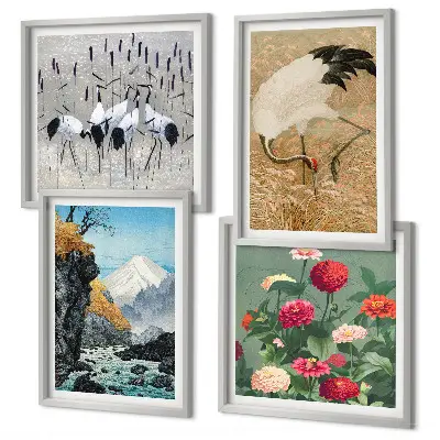 Set de 4 cuadros para salón con diseño de montañas, río, flores y grullas