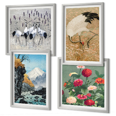 Set de 4 cuadros para salón Montañas, río, flores, grullas