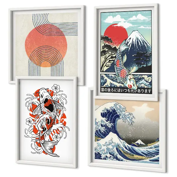 Set de cuadros modernos para salón ilustraciones de montañas con olas y peces estilo japonés