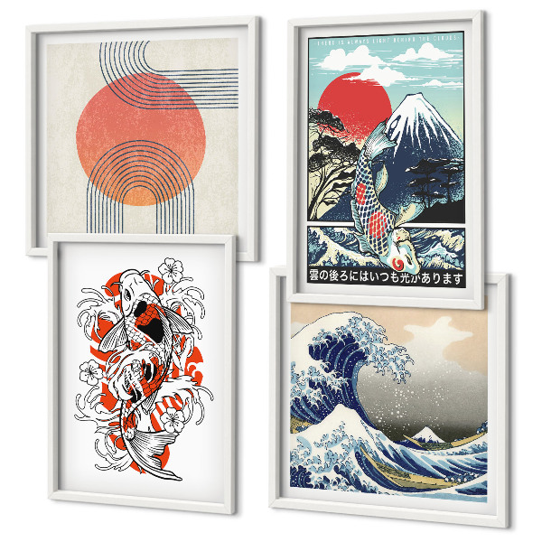 Set de cuadros modernos para salón Ilustraciones de montañas de olas de peces en Japón