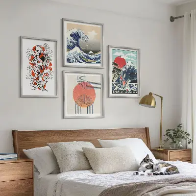 Set de cuadros modernos para salón ilustraciones de montañas con olas y peces estilo japonés