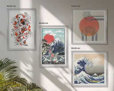 Set de cuadros modernos para salón ilustraciones de montañas con olas y peces estilo japonés