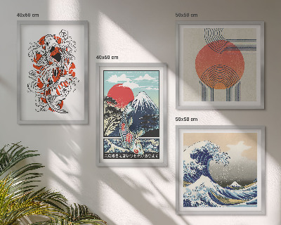 Set de cuadros modernos para salón Ilustraciones de montañas de olas de peces en Japón