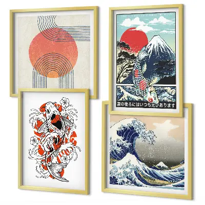 Set de cuadros modernos para salón ilustraciones de montañas con olas y peces estilo japonés