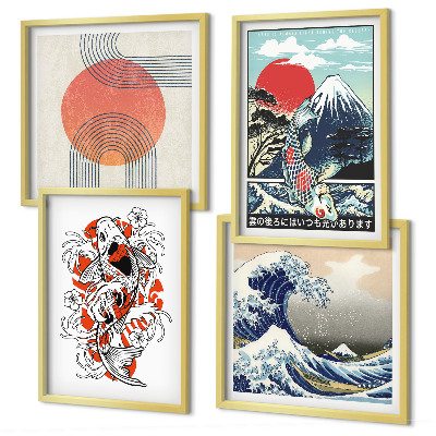 Set de cuadros modernos para salón Ilustraciones de montañas de olas de peces en Japón