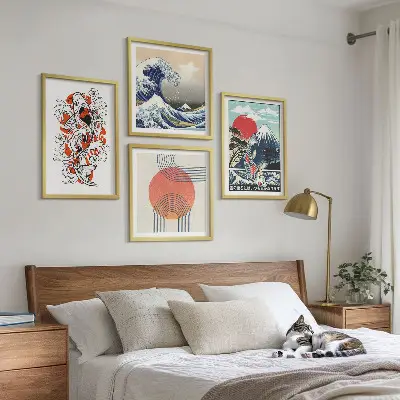 Set de cuadros modernos para salón ilustraciones de montañas con olas y peces estilo japonés