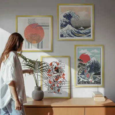 Set de cuadros modernos para salón ilustraciones de montañas con olas y peces estilo japonés