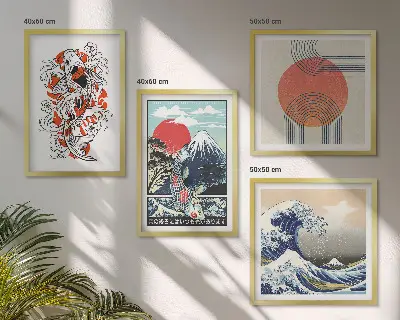Set de cuadros modernos para salón ilustraciones de montañas con olas y peces estilo japonés
