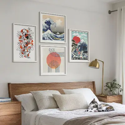 Set de cuadros modernos para salón ilustraciones de montañas con olas y peces estilo japonés