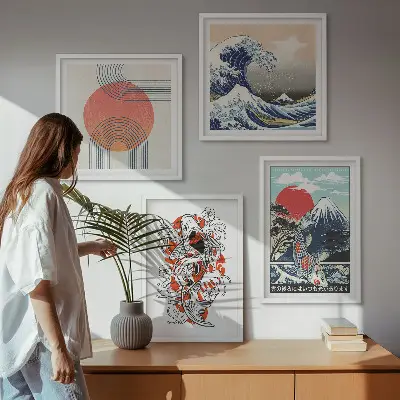 Set de cuadros modernos para salón ilustraciones de montañas con olas y peces estilo japonés