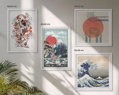 Set de cuadros modernos para salón ilustraciones de montañas con olas y peces estilo japonés