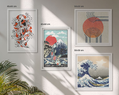 Set de cuadros modernos para salón Ilustraciones de montañas de olas de peces en Japón